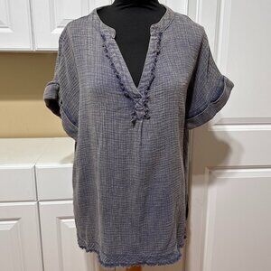 Umgee Mineral Wash Gauze Tunic Top V Neck Blue Gray Size S Short Sleeve